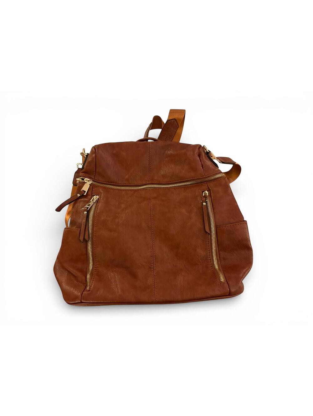 Brown Faux Leather Backpack with Multiple Zipper Pockets
